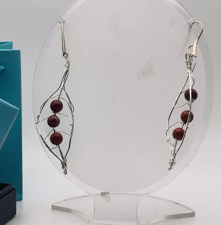 Leaf shaped Earrings with Carnelian Beads