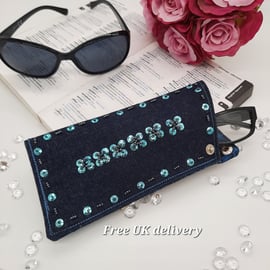 Glasses case in blue denim, teal sequins and gun metal seed beads 