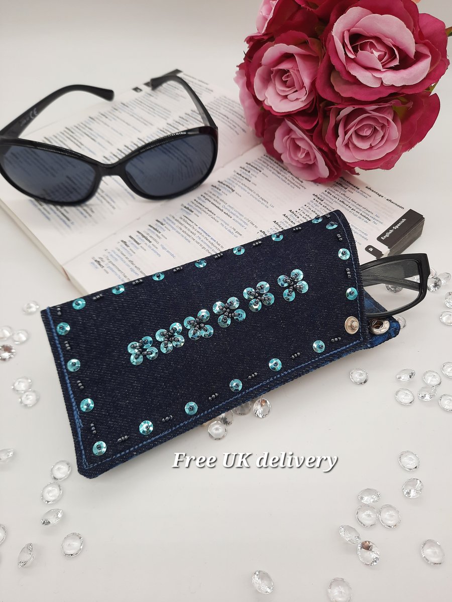 Glasses case in blue denim, teal sequins and gun metal seed beads 