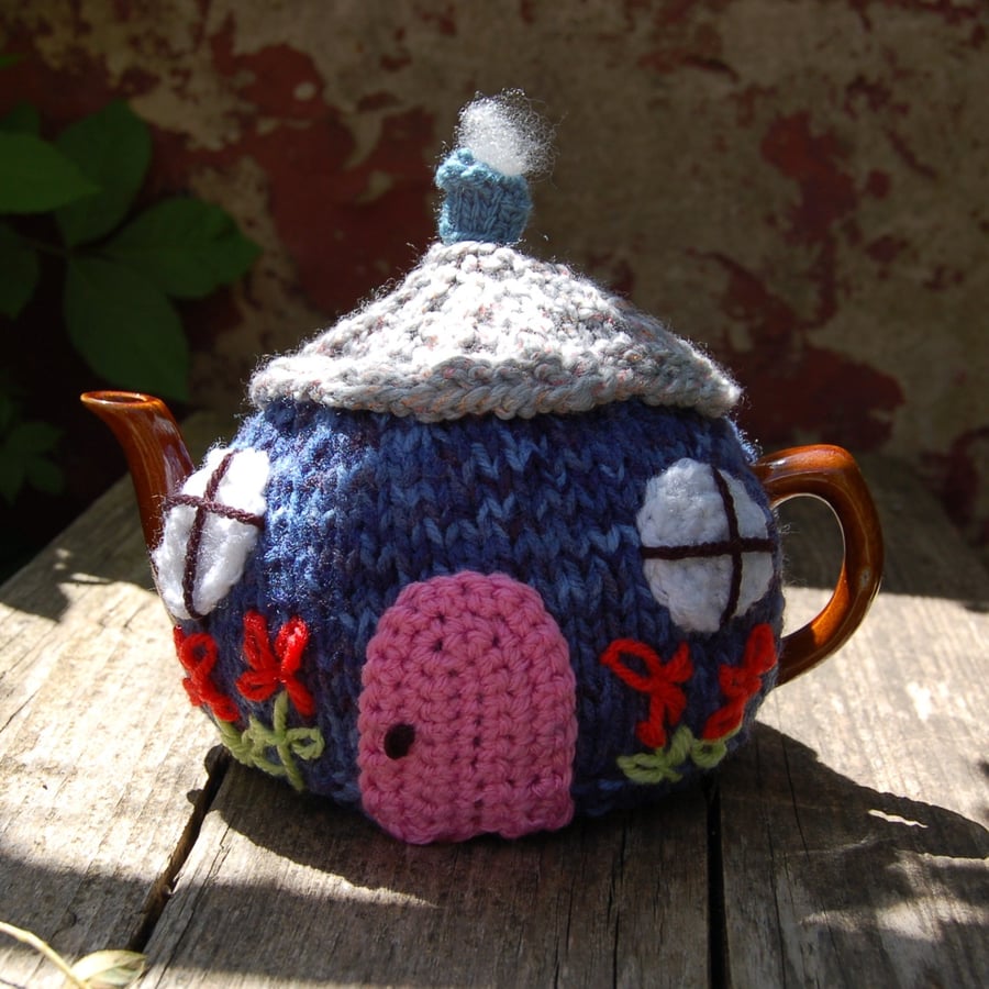Country cottage tea cosy - hand embroidered, to fit a tea for one or two teapot