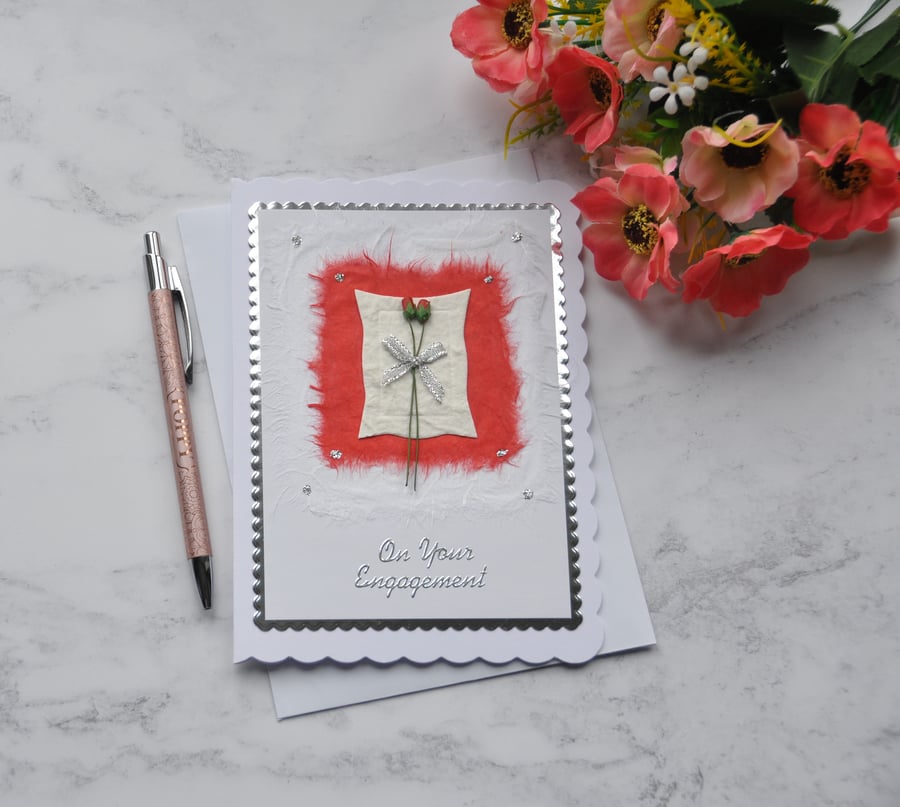 3D Luxury Handmade Card On Your Engagement Two Red Rose Buds on Handmade Paper