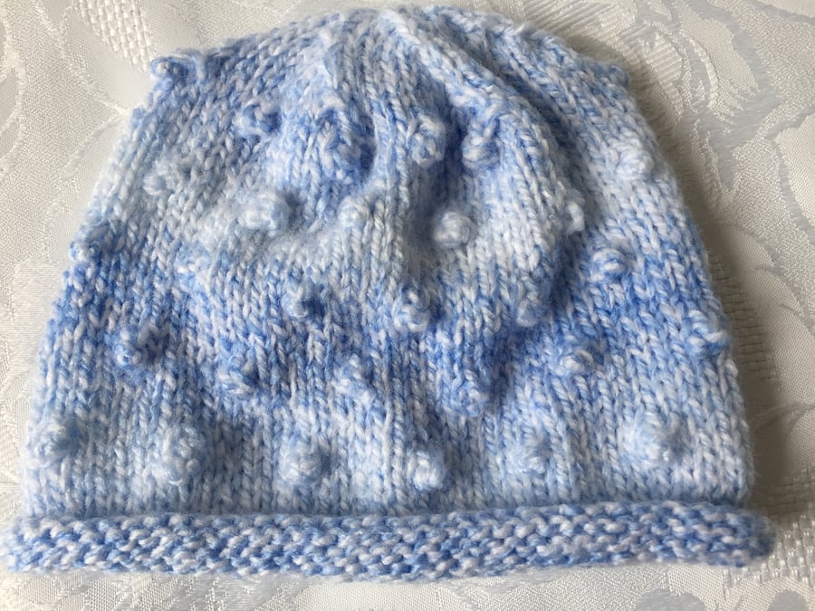 Hand Knitted Rolled Brim Hat , Blue Marble Wool  Fits Newborn
