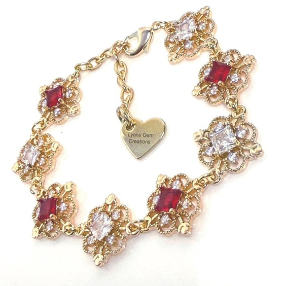 Ruby Red Crystal Gold Bracelet, Regency Style Flower Jewelry
