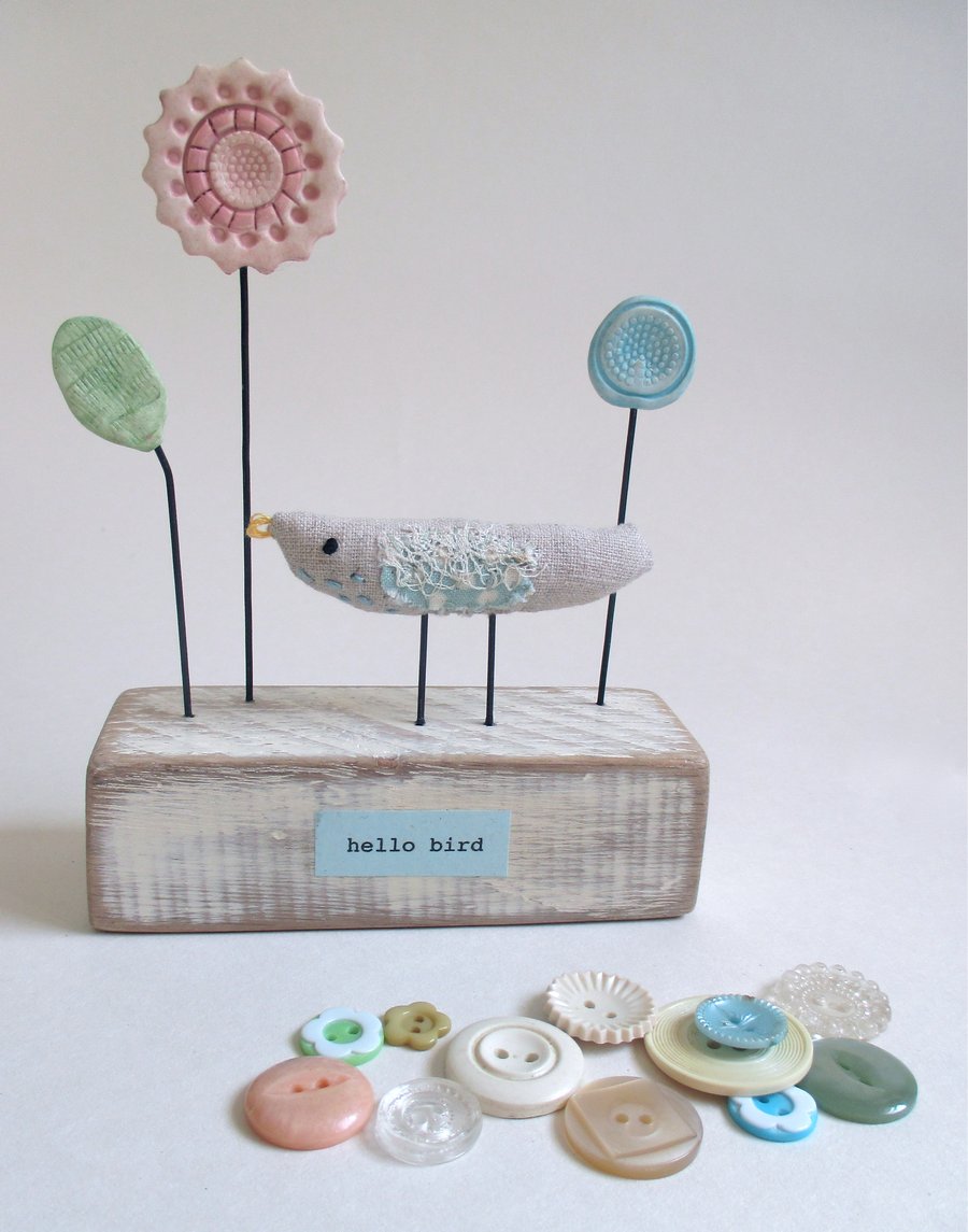 SALE - Hello Bird - Little bird with clay flowers and leaf