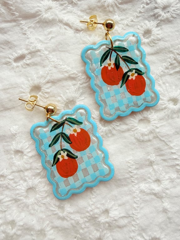 Blue Gingham Orange Summer Earrings