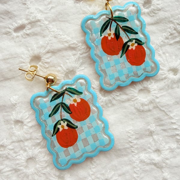 Blue Gingham Orange Summer Earrings