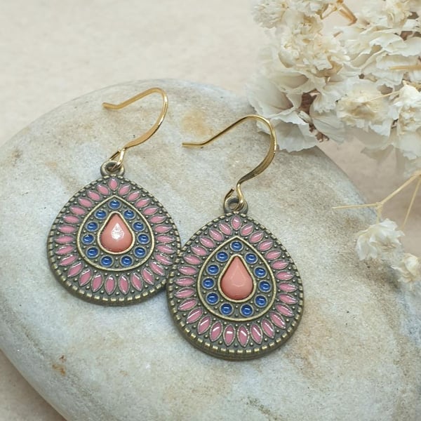 18k gold plated earrings with brass teardrop charm with salmon pink enameling
