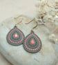 18k gold plated earrings with brass teardrop charm with salmon pink enameling