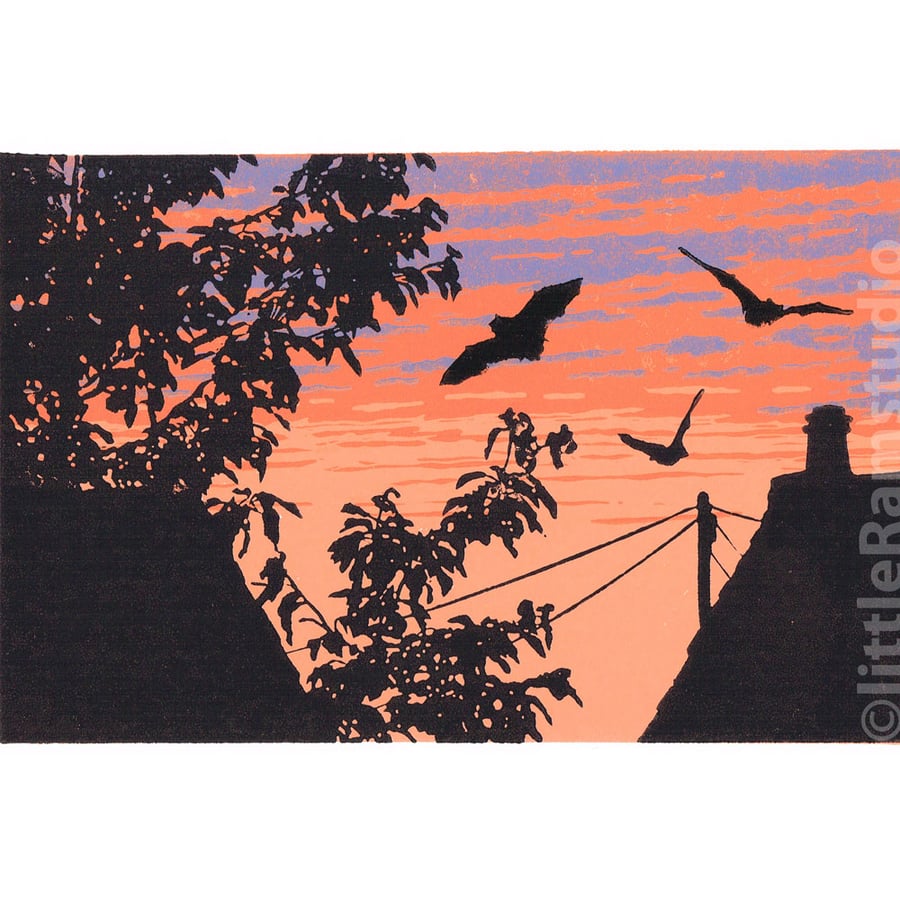 Back Garden Bats - limited edition linocut print
