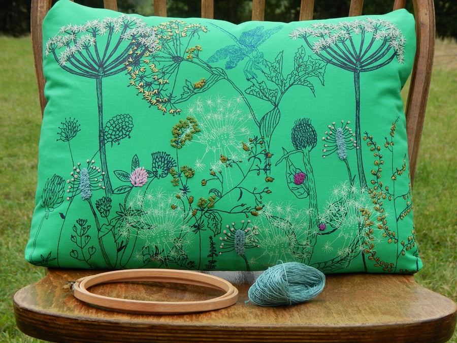 Dragonfly and hedgerow flowers cushion - Screen printed with hand embroidery