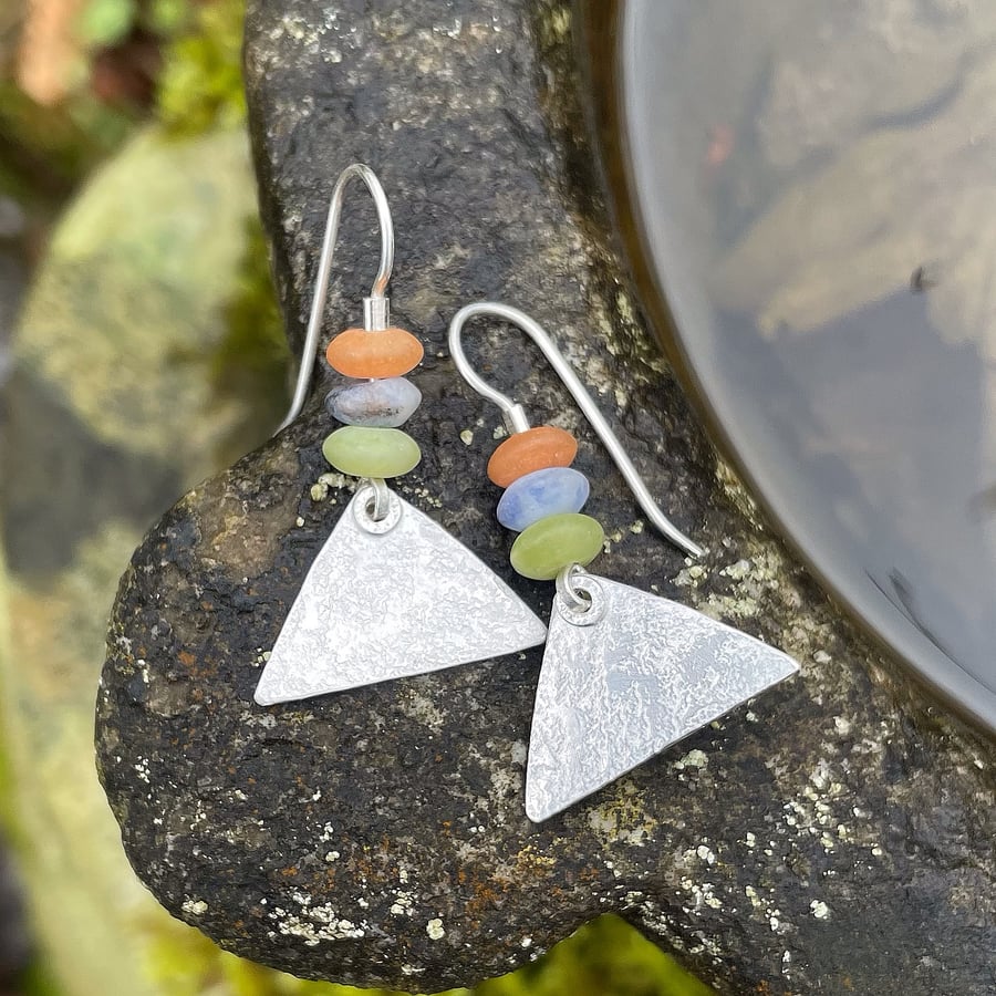 Sterling silver triangle drop earrings with bright gem beads