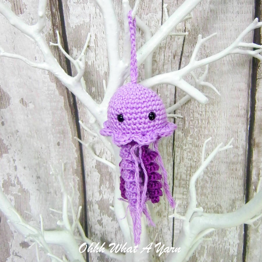 Lilac crochet jellyfish hanging decoration, bag charm, scissor keeper 