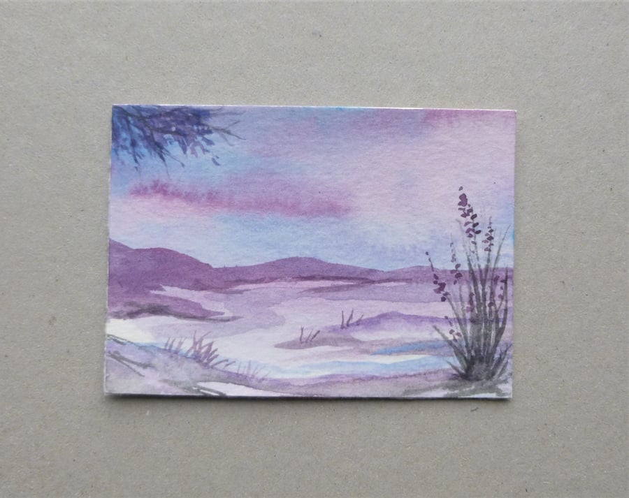 aceo atc original miniature art watercolour landscape ( ref F422.N8 )