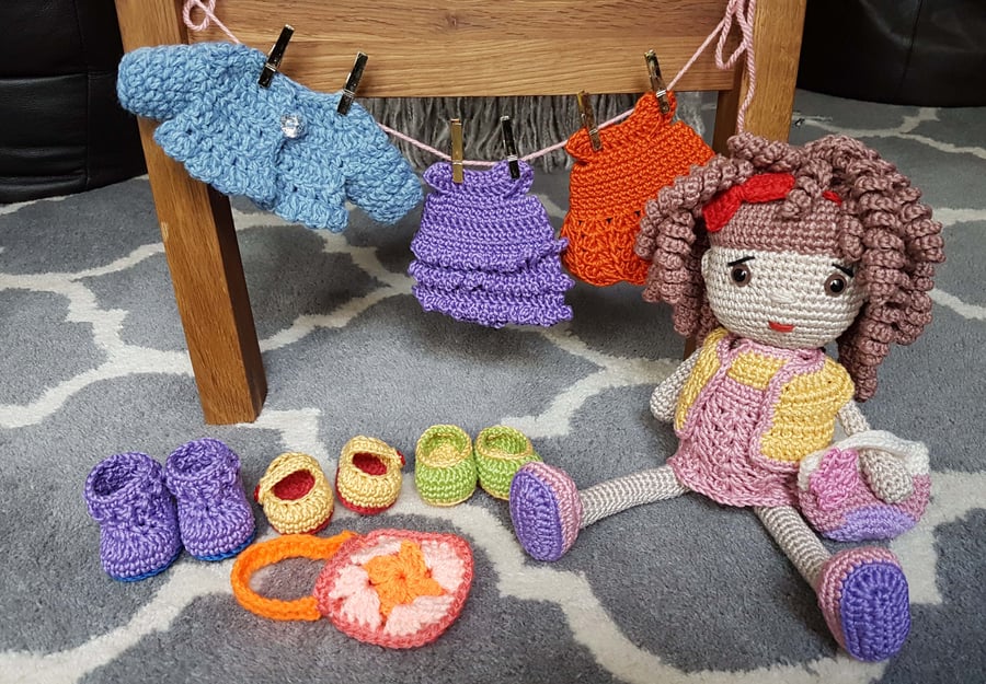 Crochet Doll with extra clothes and shoes for dressing up