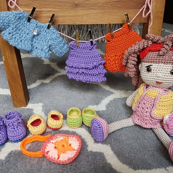 Crochet Doll with extra clothes and shoes for dressing up