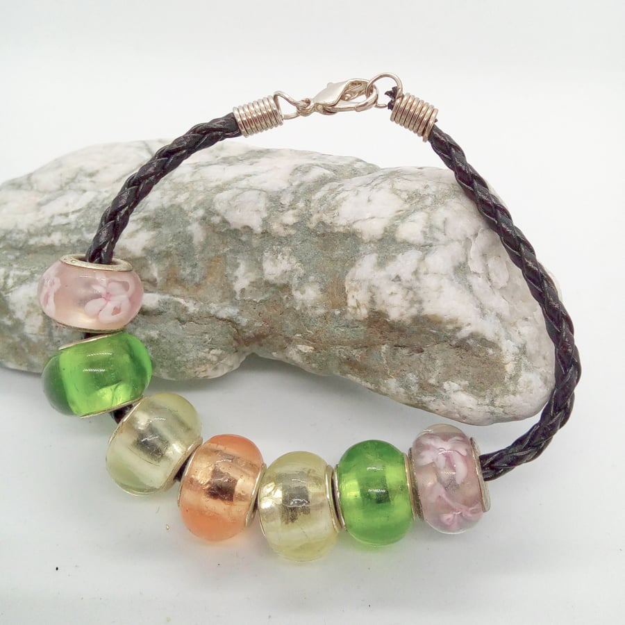 Green Pink Floral Clear and Transparent Pink European Lampwork Bead Bracelet