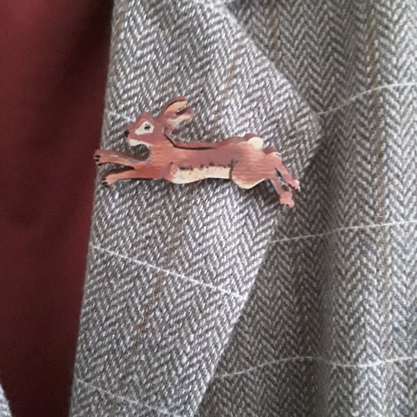 Handmade Wooden  Running  Hare  Brooch 