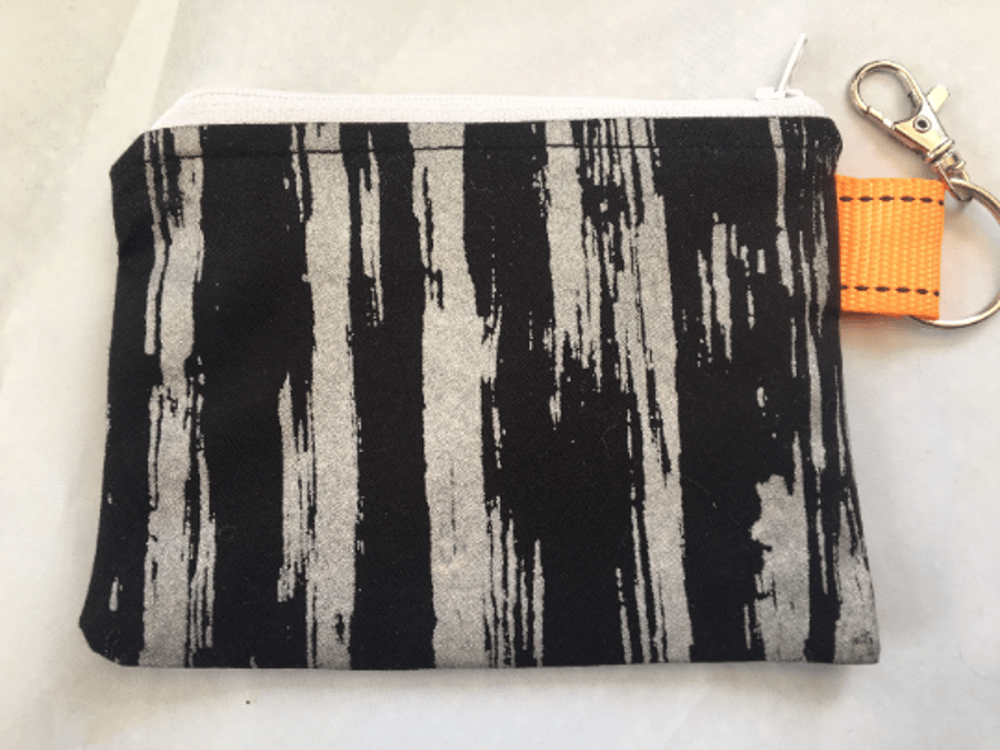 Handmade rectangular black & silver abstract hand print cute,key ring coin purse