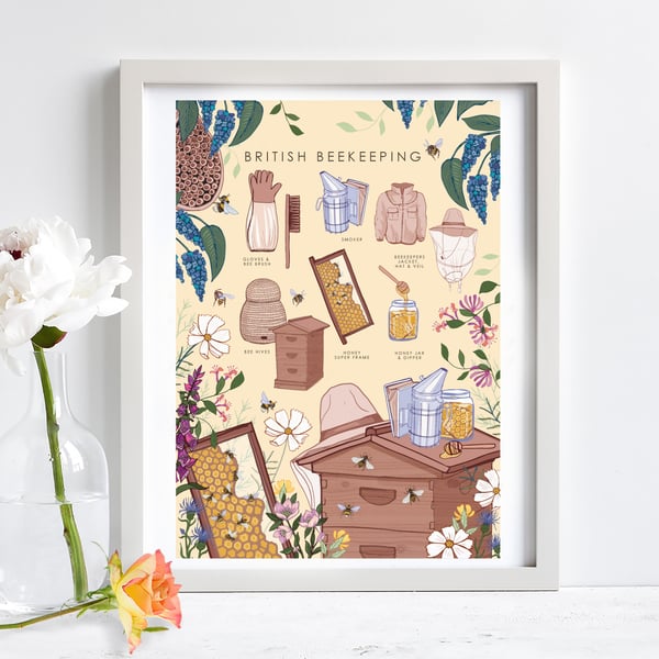 'British Beekeeping Guide' Illustration Print A4 Unframed 