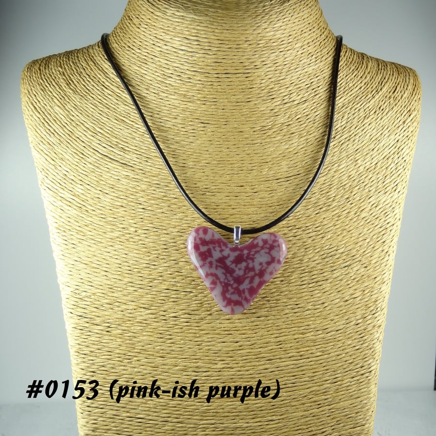 Pink-ish purple handcrafted fused glass heart pendant, black leather cord (0153)