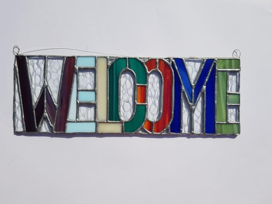 232 Stained Glass Welcome - handmade hanging decoration.