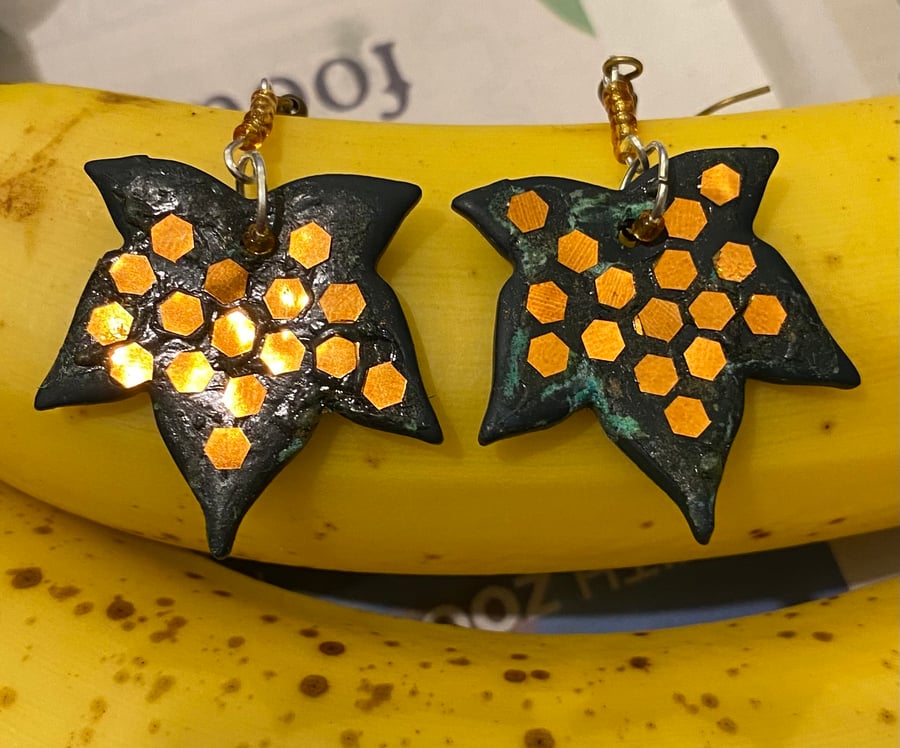 Stunning Green and Bronze Polymer Clay Leaf Earrings