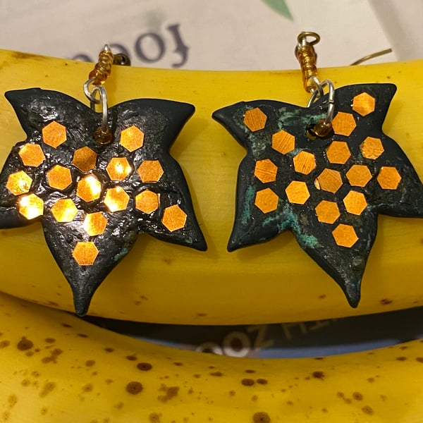Stunning Green and Bronze Polymer Clay Leaf Earrings