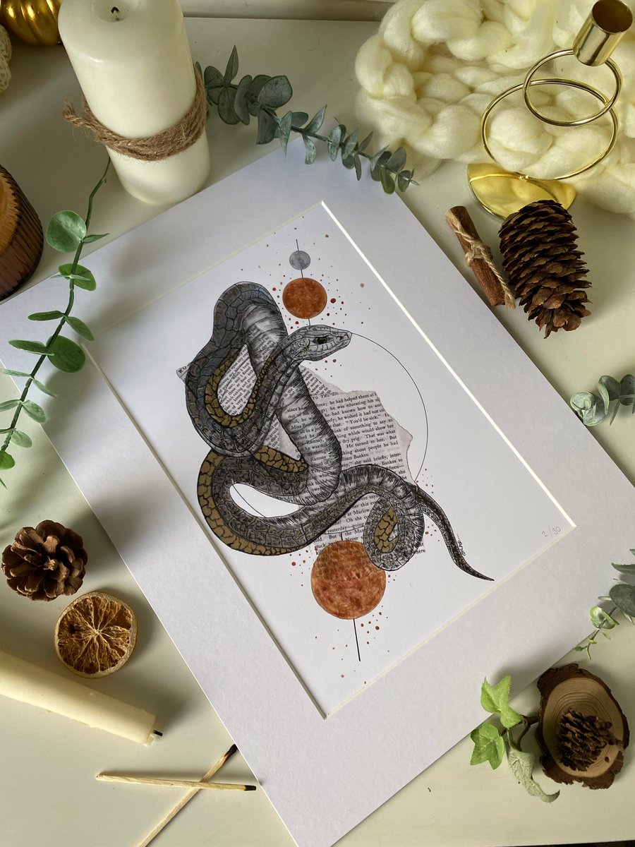 Giclee Print Snake Art on recyled book pages