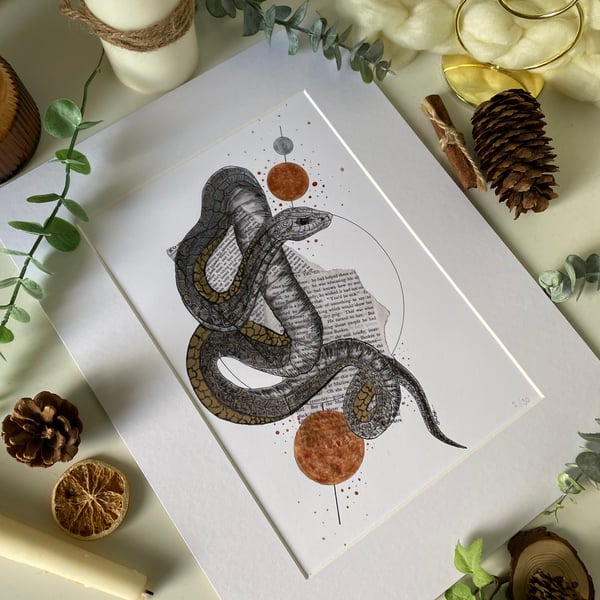 Giclee Print Snake Art on recyled book pages