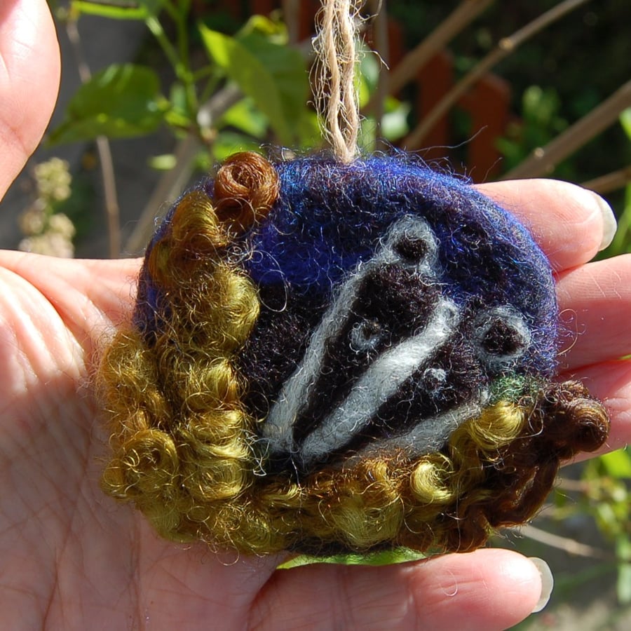 Badger decoration, needle felt wool badger in the undergrowth charity donation