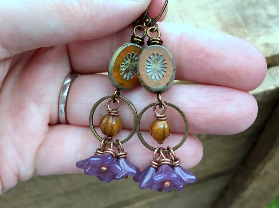 Autumnal Czech Glass Earrings. Rustic Orange & Purple Glass Bead Earrings