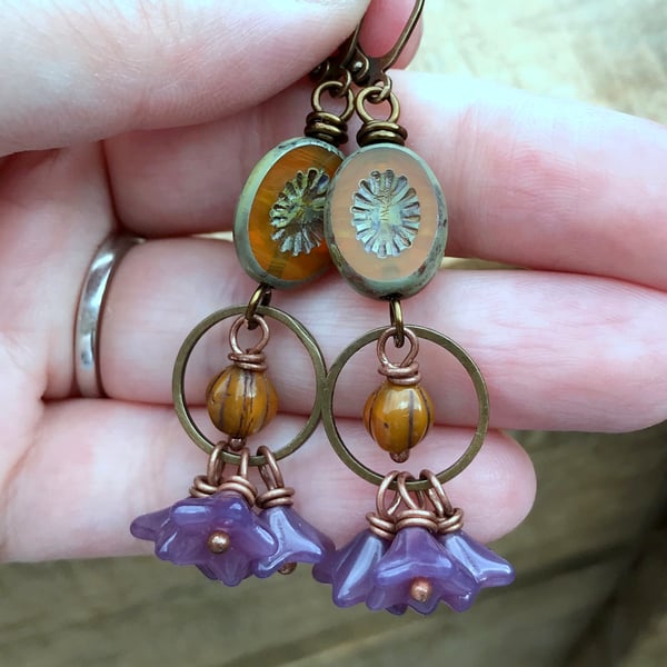 Autumnal Czech Glass Earrings. Rustic Orange & Purple Glass Bead Earrings