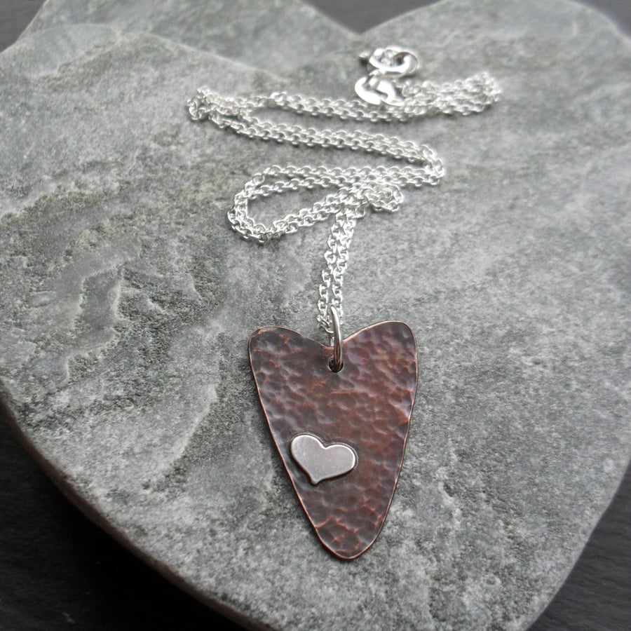 Copper and Silver Heart Pendant With Sterling Silver Chain Vintage 