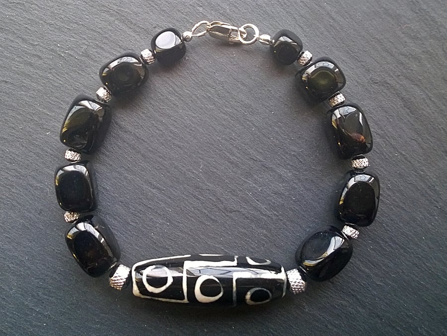 Dzi and Black Onyx Bracelet, Sterling Silver and Steel. Unisex Bracelet