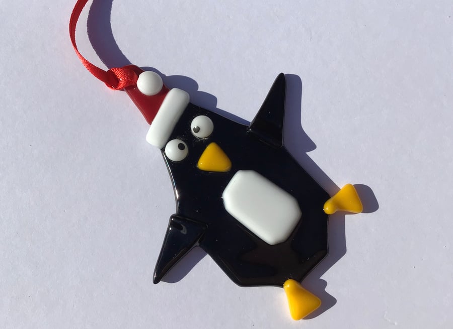Fused glass penguin Christmas decoration