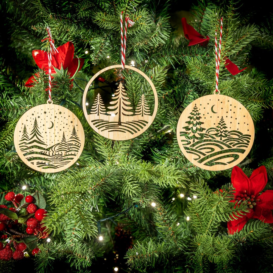 Winter Trees Christmas Tree Decorations. Set of 3 handcrafted bamboo ornaments.