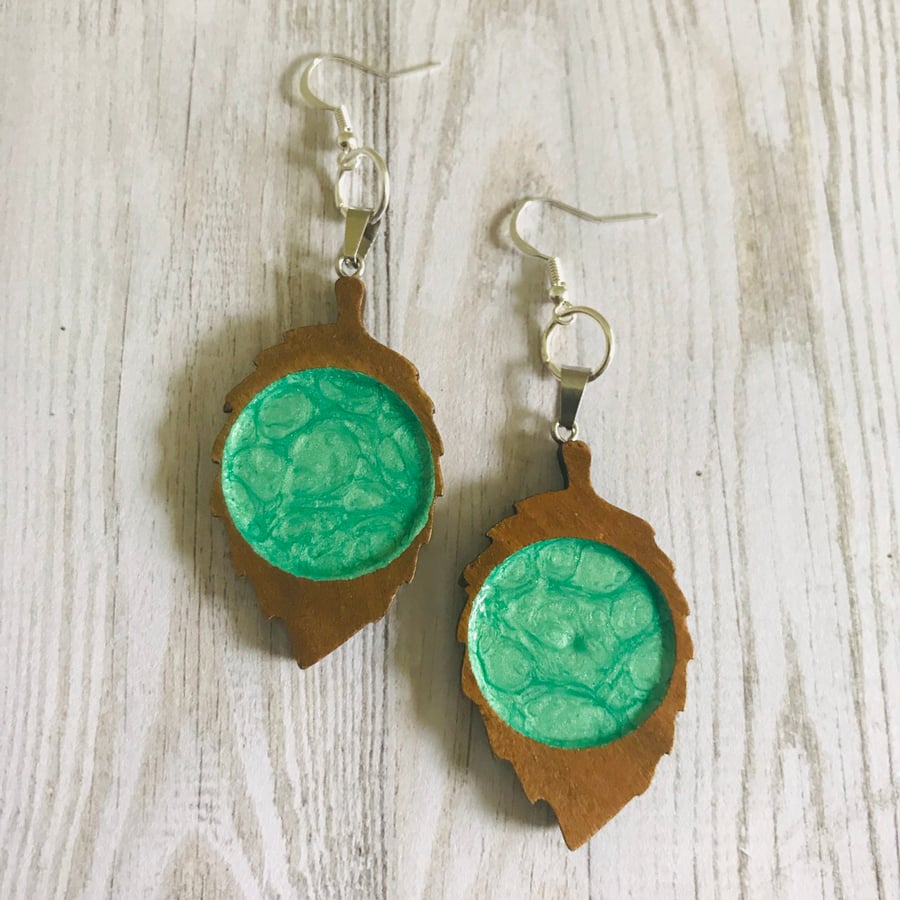 Painted Wooden Leaf Statement Earrings