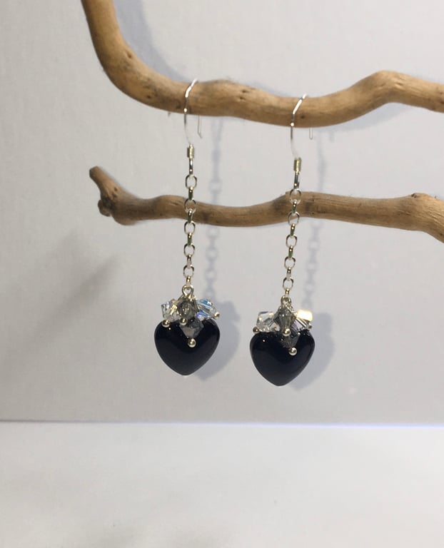 Black agate heart and crystal sterling silver earrings