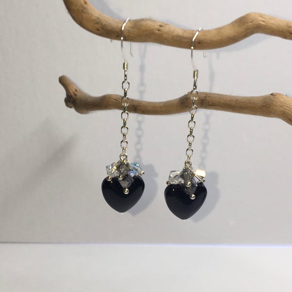 Black agate heart and crystal sterling silver earrings