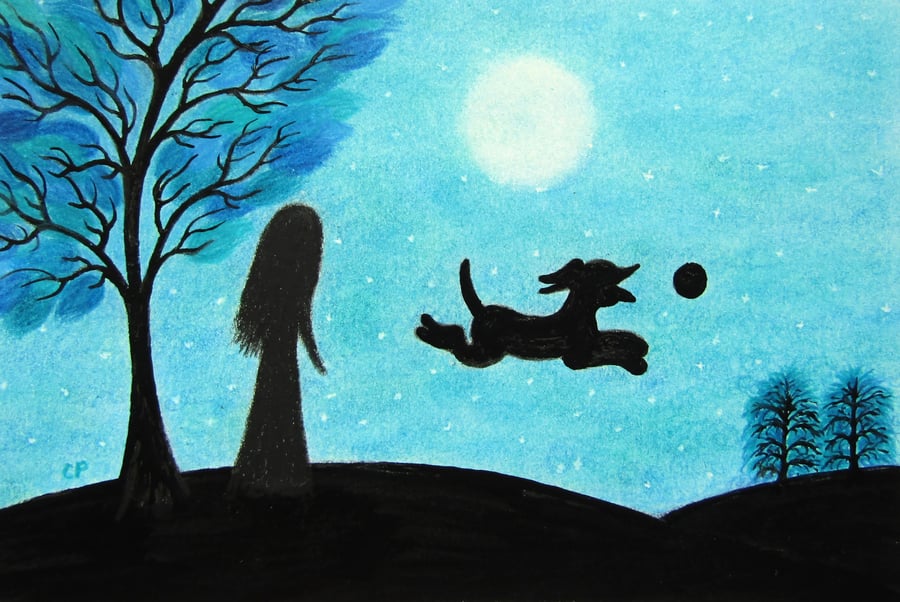 Dog Card, Daughter Birthday Art Card, Black Dog Ball Girl Tree Moon Card