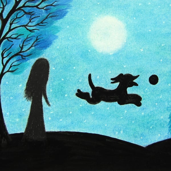 Dog Card, Daughter Birthday Art Card, Black Dog Ball Girl Tree Moon Card