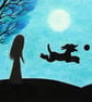 Dog Card, Daughter Birthday Art Card, Black Dog Ball Girl Tree Moon Card - Image 1