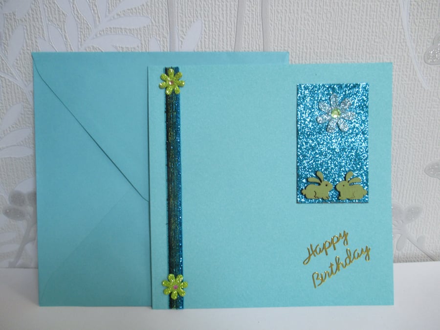 Bunny Rabbit Birthday Greetings Card Happy Birthday Blue Green Flowers Floral