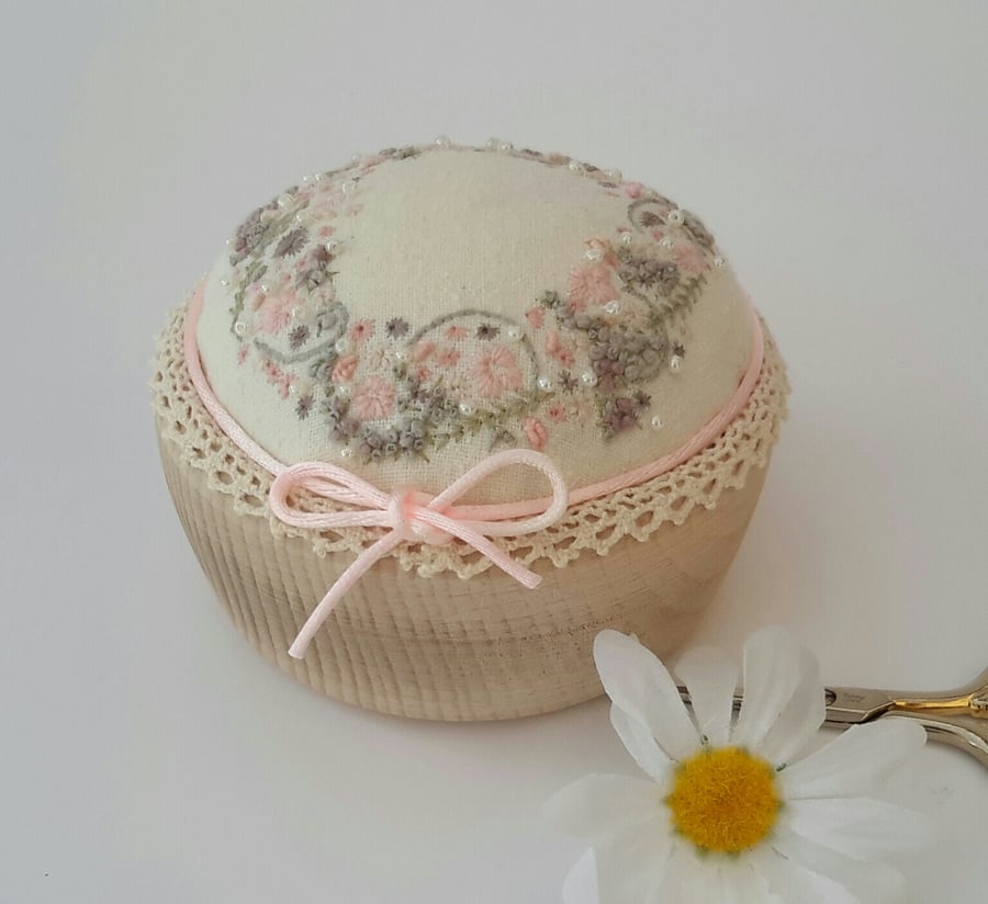 Pincusion, hand embroidered unique pin cushion, heirloom sewing gift