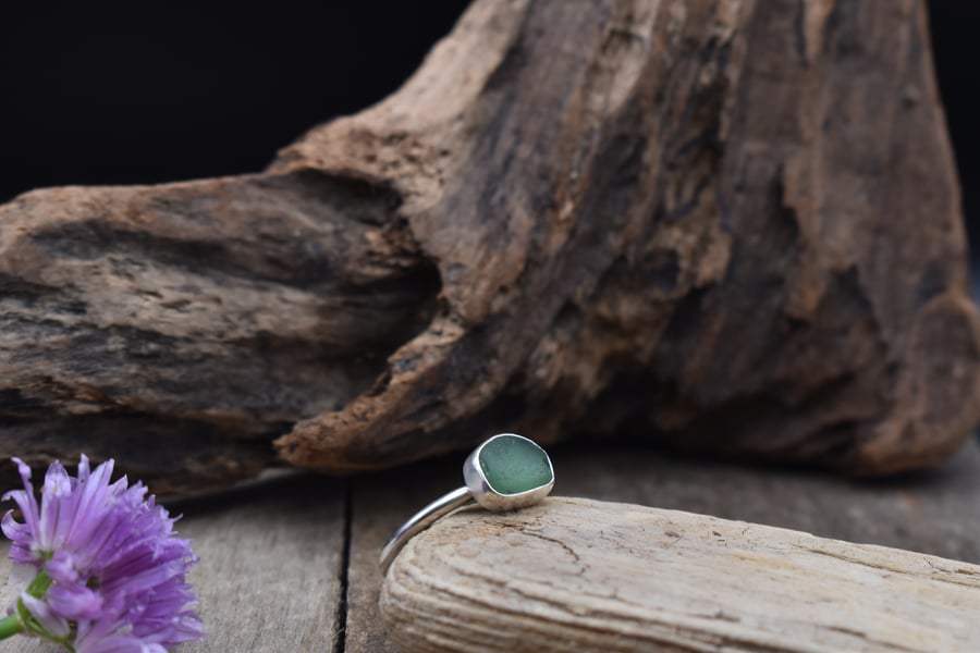 Sea Glass and Recycled Silver Ring, Size N, Teal Green Scottish Sea Glass