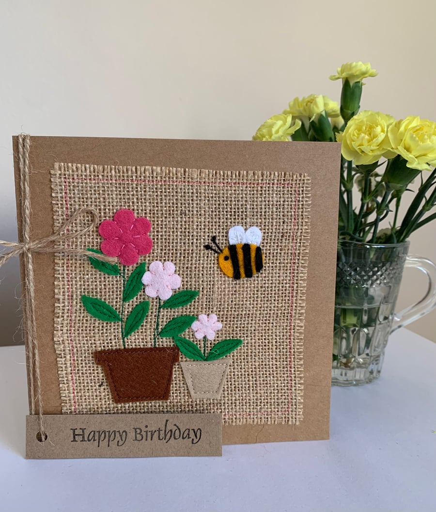 Birthday Card. Bee with pink potted flowers, felt, handmade. 