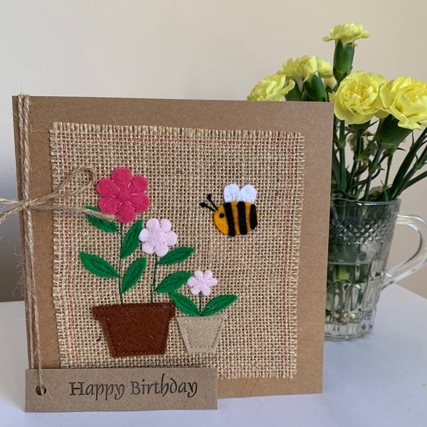Birthday Card. Bee with pink potted flowers, felt, handmade. 