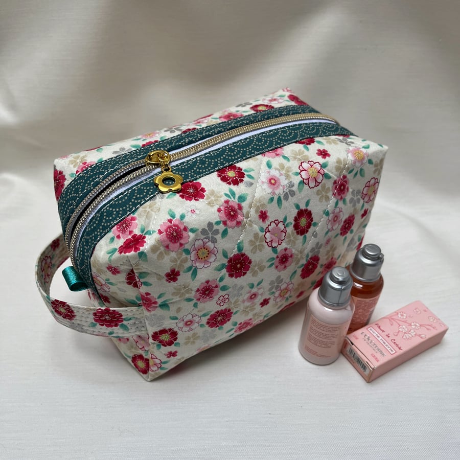 Quilted Cosmetic Bag Wash Bag Medium Size Japanese Floral Flower Fabric