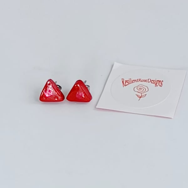 Red sparkle triangle stud earrings