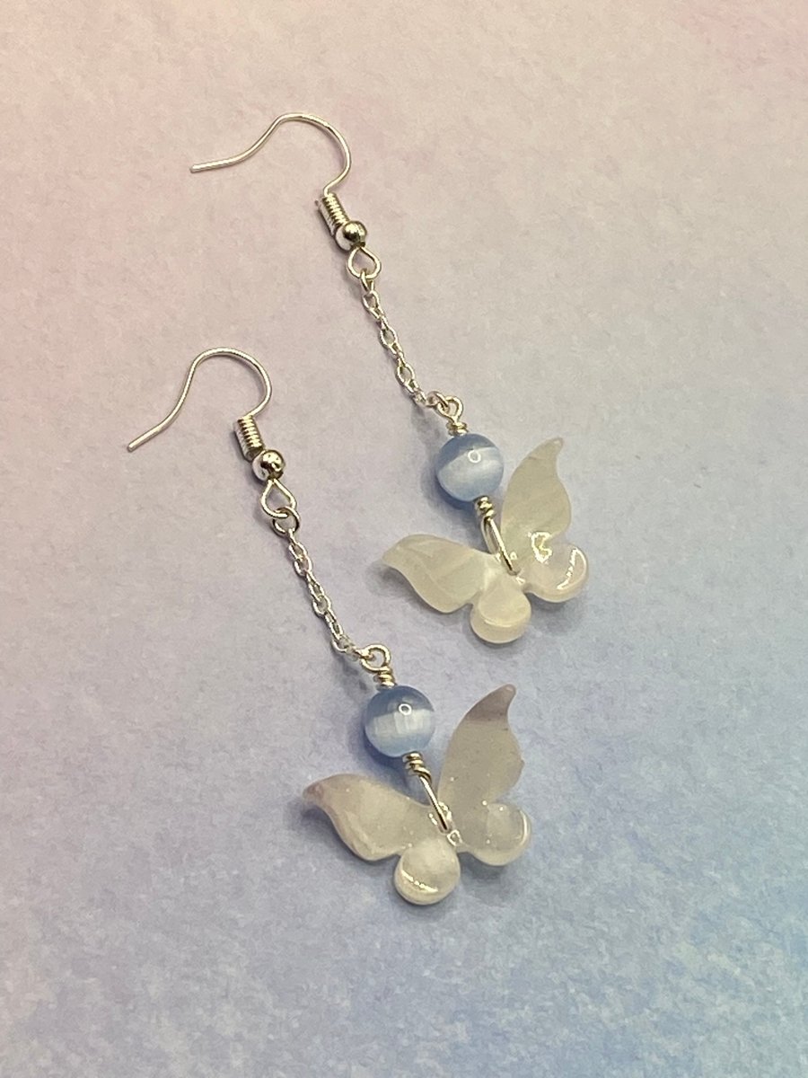 Mother of pearl butterfly drop earrings with selenite